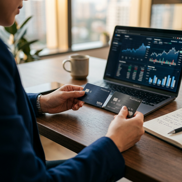 Person comparing credit cards to choose the best option