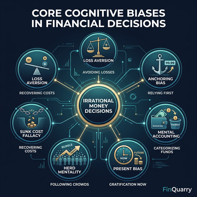 Six core cognitive biases in financial decisions including loss aversion, anchoring, and mental accounting