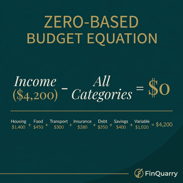 Zero-based budget equation showing income minus all category allocations equals zero