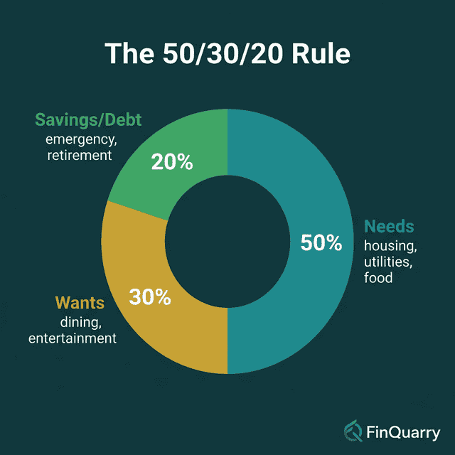 50/30/20 budget rule donut chart showing needs, wants, and savings allocation