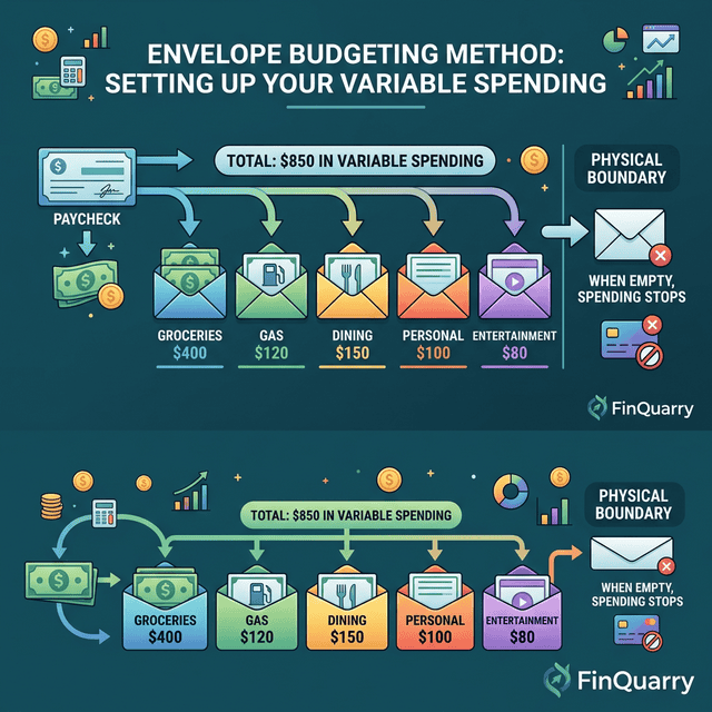 Envelope budgeting setup showing paycheck distributed into labeled spending categories