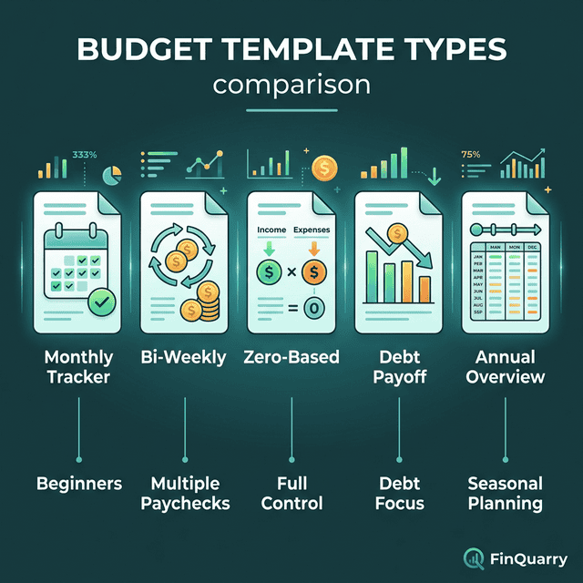 Five budget template types compared: monthly, bi-weekly, zero-based, debt payoff, annual