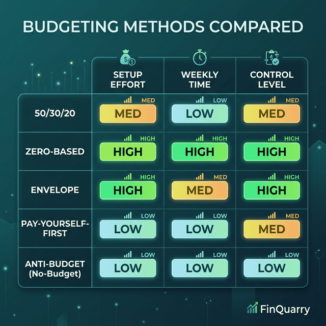 Budgeting methods comparison matrix showing setup effort, weekly time, and control ratings
