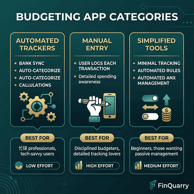 Three budgeting app categories: automated trackers, manual entry, and simplified tools
