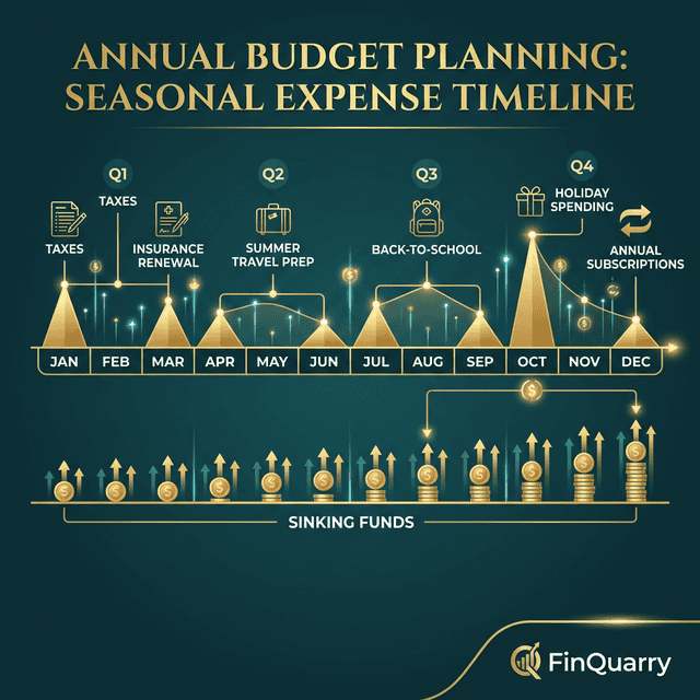 Annual budget planning calendar showing seasonal expense spikes across 12 months