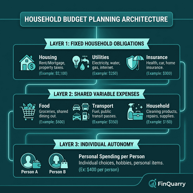 Household budget three-layer architecture: fixed obligations, shared variable, individual autonomy