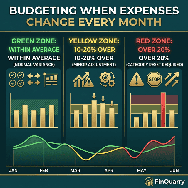 Three-zone budget system for changing expenses: green within average, yellow over, red reset