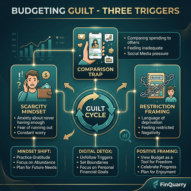 Three budgeting guilt triggers: scarcity mindset, comparison trap, restriction framing