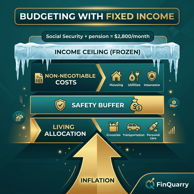 Fixed income budget showing three layers under frozen income ceiling with inflation pressure