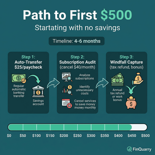Path from zero to 500 dollars savings through auto-transfer and subscription audit