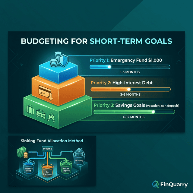Short-term goal priority ladder: emergency fund, debt payoff, savings goals with timelines
