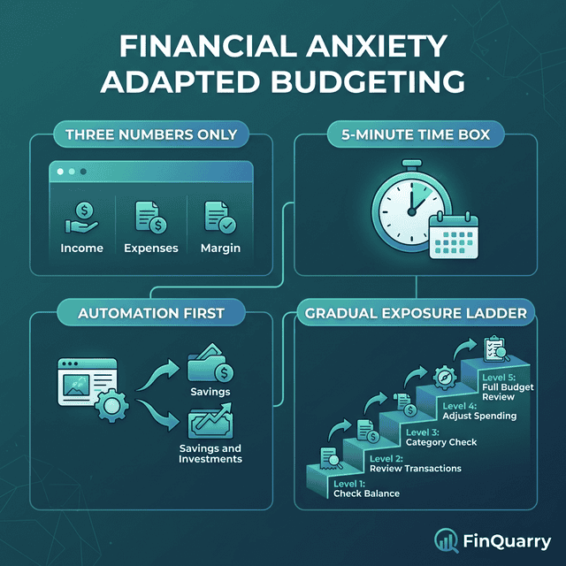Anxiety-adapted budgeting framework: three numbers only, time-boxed sessions, automation