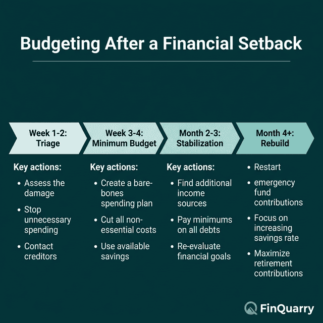 Financial setback recovery timeline: triage, minimum budget, stabilization, rebuild phases