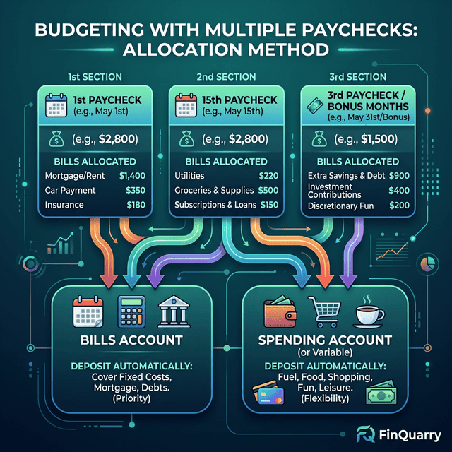 Multiple paycheck allocation flow showing bills and spending account separation