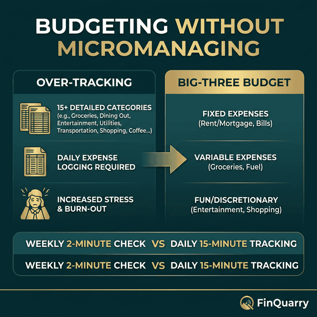 Over-tracking versus big-three budget comparison: 15 categories daily vs 3 categories weekly