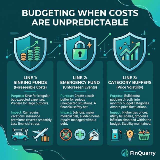 Three-line defense against unpredictable costs: sinking funds, emergency fund, category buffers