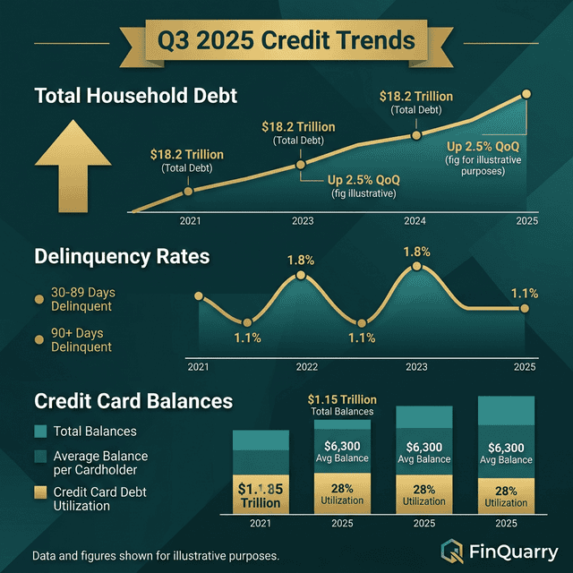Q3 2025 credit trends showing household debt, delinquency rates, and credit card balances