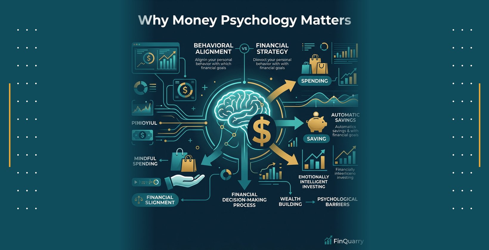 Diagram showing how money psychology connects behavioral alignment to financial strategy through spending saving and investing decisions