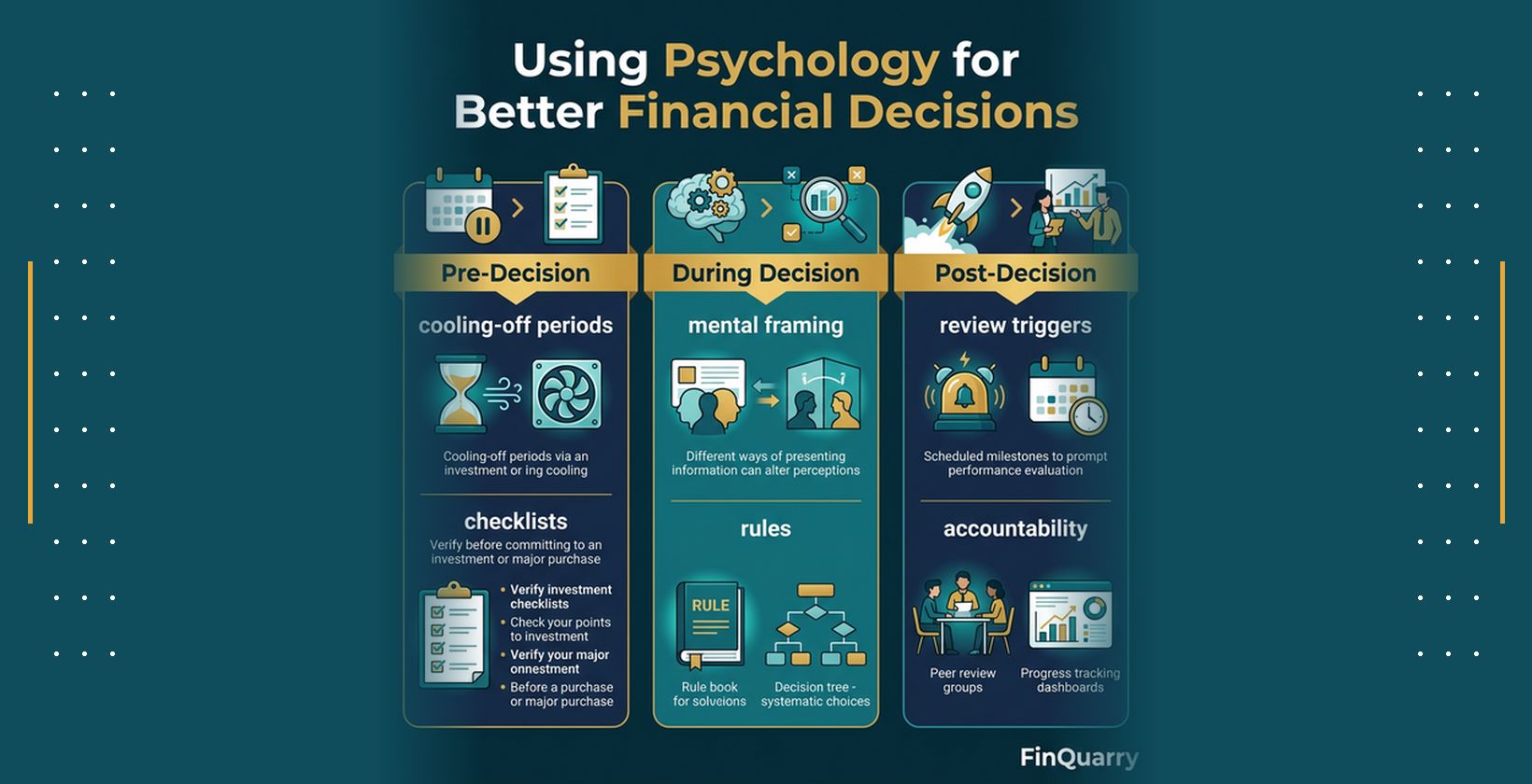 Three-phase toolkit for using psychology in financial decisions: pre-decision checklists, during-decision framing rules, post-decision review triggers