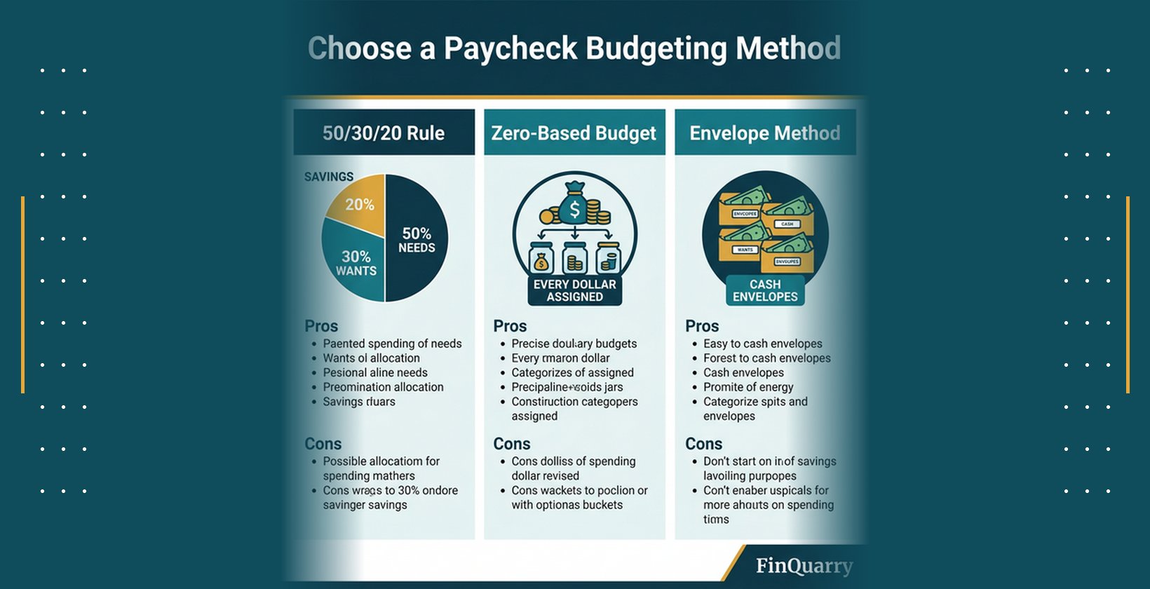 Comparison of three budgeting methods: 50/30/20 rule, zero-based budget, and envelope method with their key features