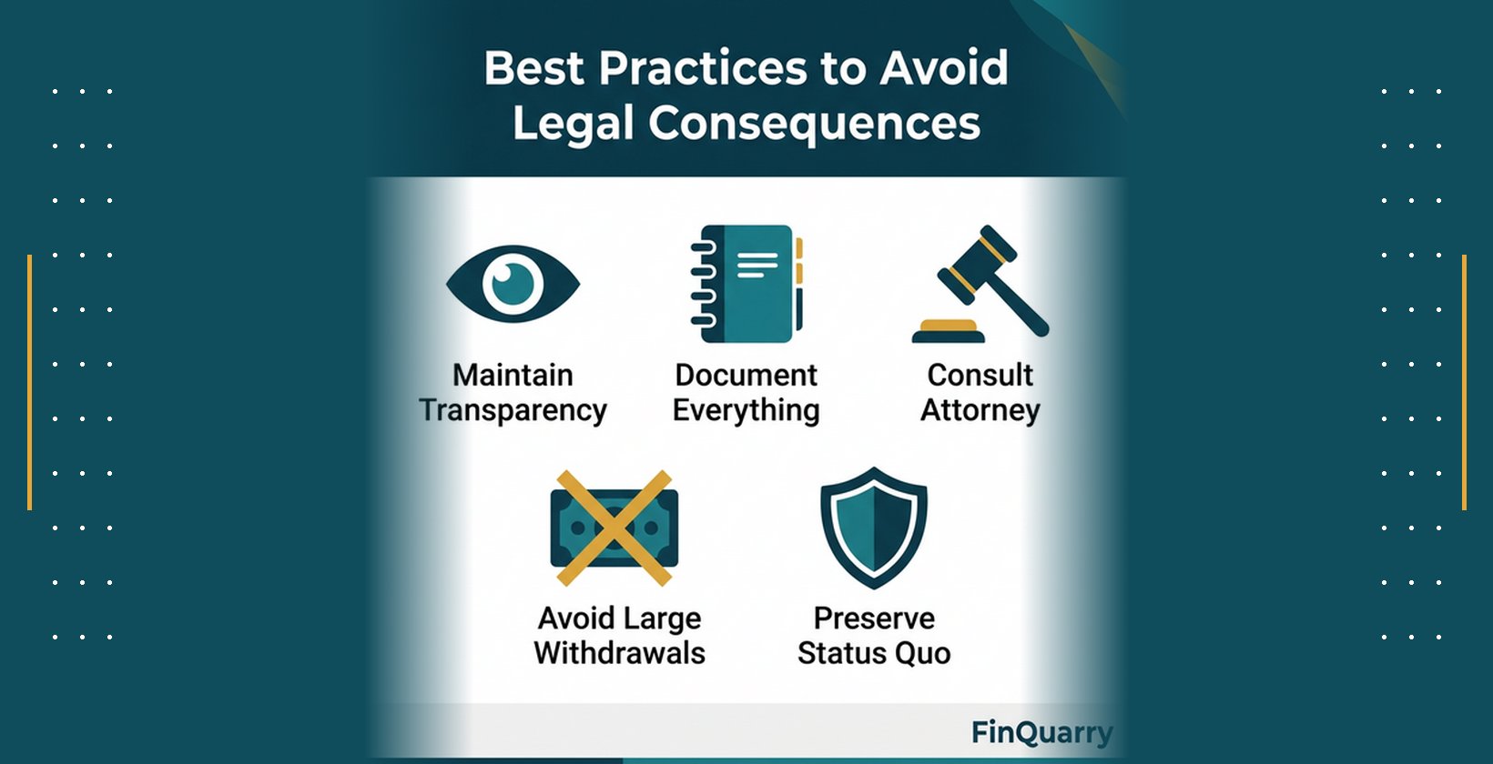 Five best practices during divorce: maintain transparency, document everything, consult attorney, avoid large withdrawals, preserve status quo