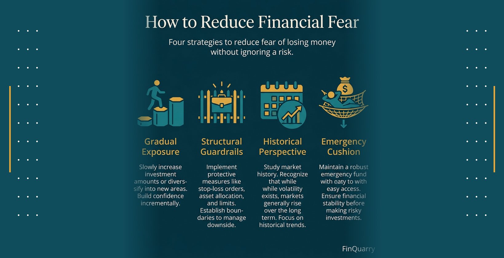 Four strategies to reduce financial fear: gradual exposure, structural guardrails, historical perspective, and emergency cushion