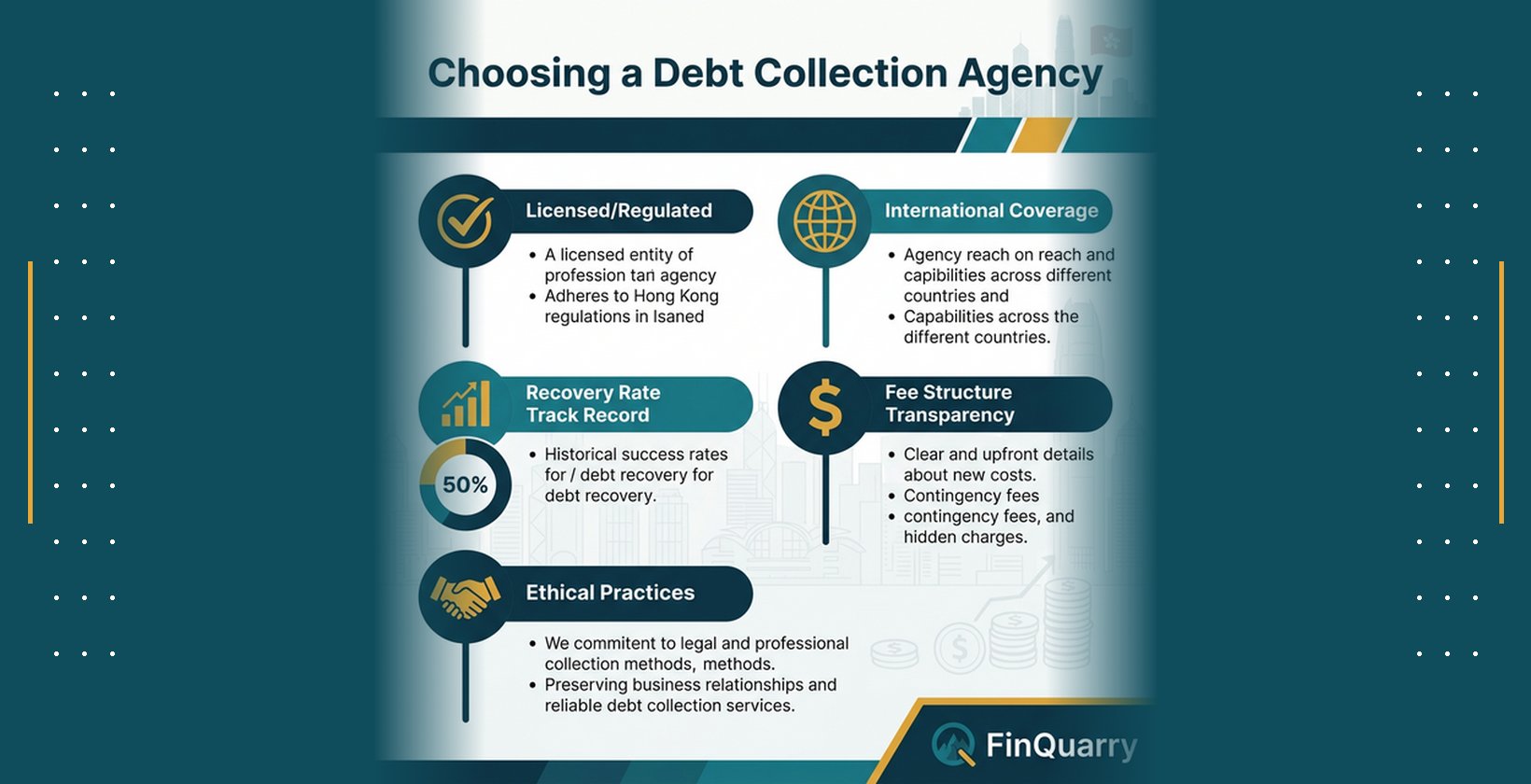Evaluation criteria for choosing a debt collection agency: licensing, international coverage, recovery rate, fee structure, and ethical practices
