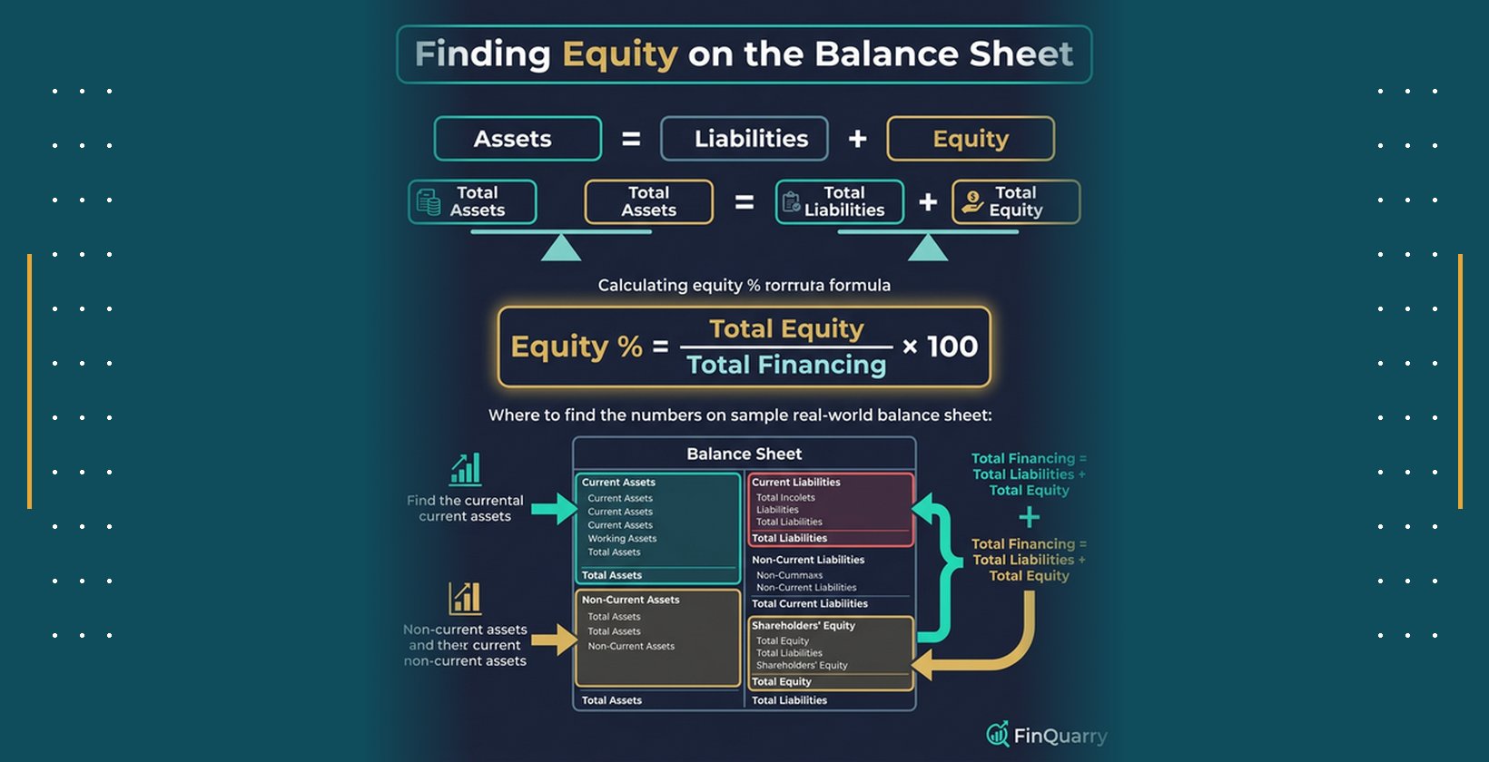 Balance sheet structure showing Assets equals Liabilities plus Equity with formula for calculating equity percentage