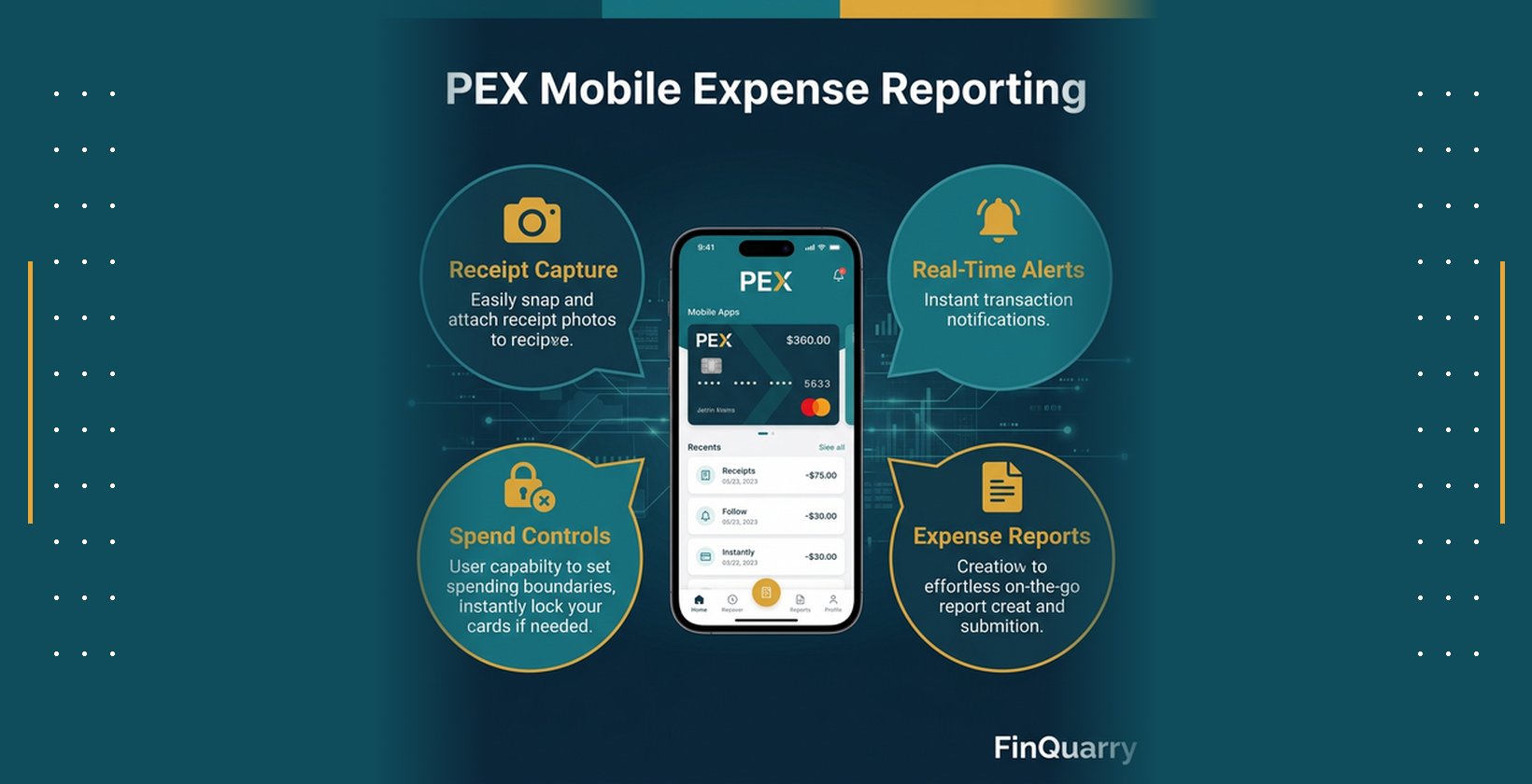 PEX mobile expense reporting features: receipt capture, real-time alerts, spend controls, and expense report generation on smartphone