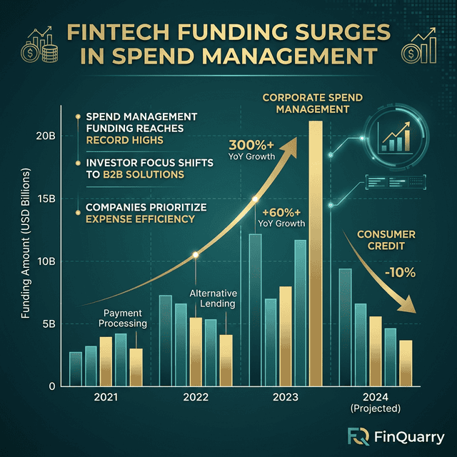 Fintech funding comparison: corporate spend management surge versus consumer credit decline