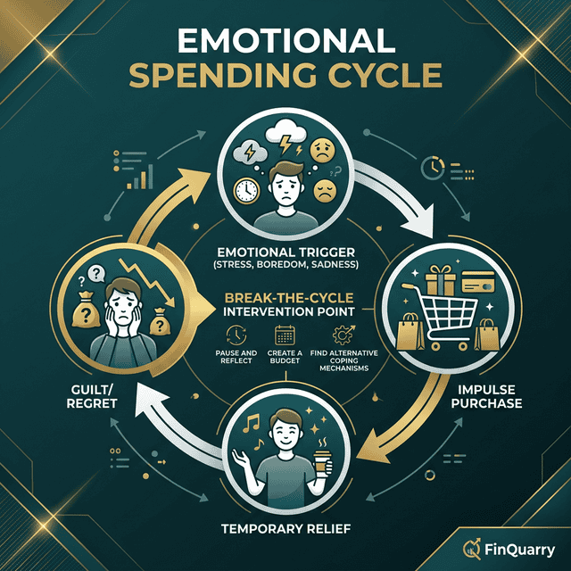 Emotional spending cycle: trigger, impulse purchase, temporary relief, guilt, repeat