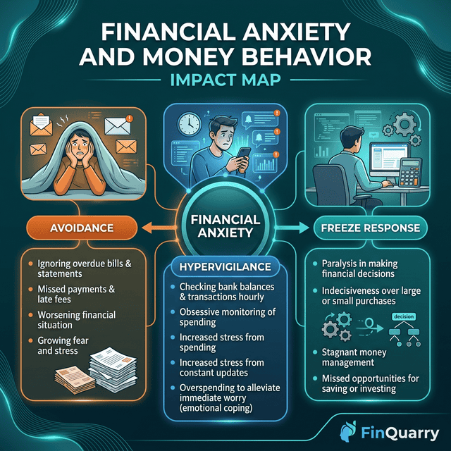 Financial anxiety triggering three behavior patterns: avoidance, hypervigilance, freeze response