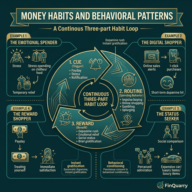 Money habits behavioral loop: cue, spending routine, reward cycle with pattern examples