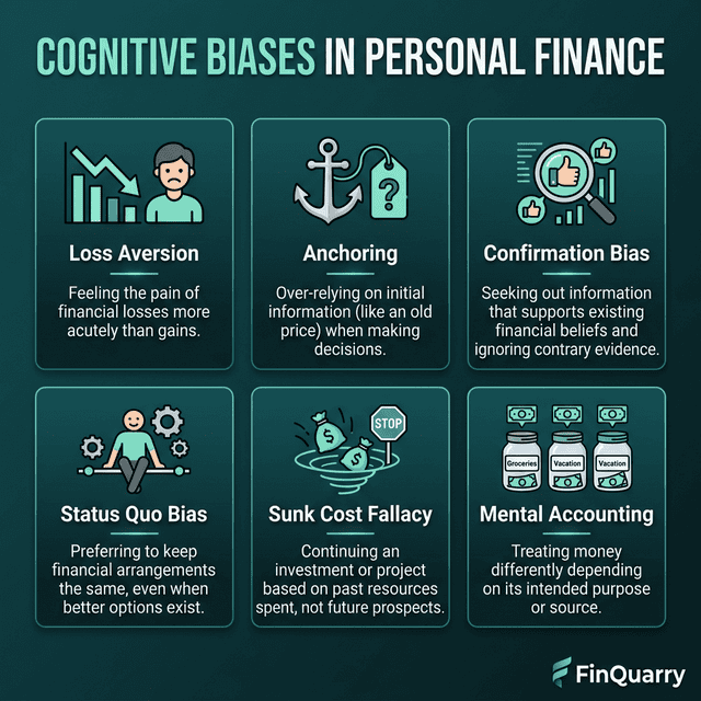 Six cognitive biases in personal finance: loss aversion, anchoring, confirmation, status quo, sunk cost, mental accounting