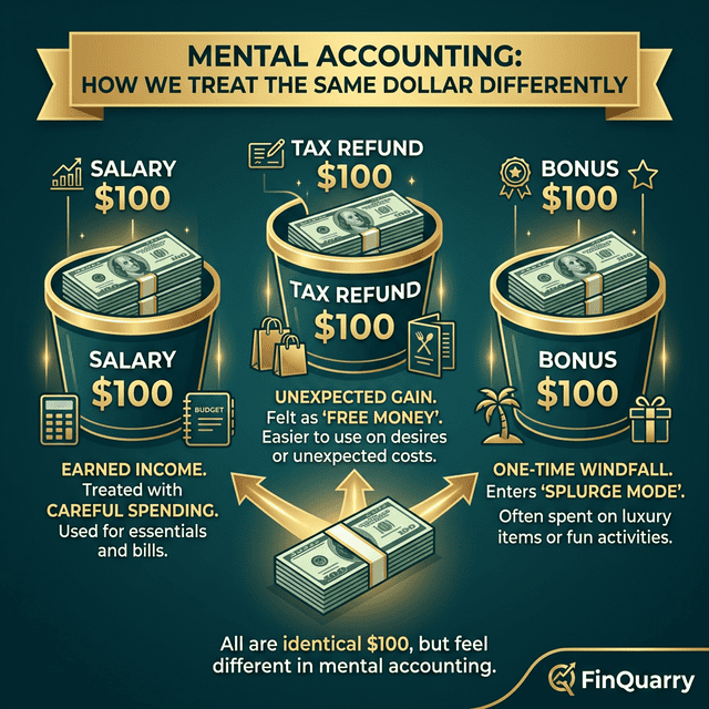 Mental accounting showing same $100 treated differently from salary versus bonus versus refund