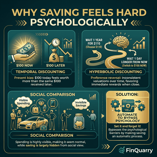 Three psychological barriers to saving: temporal discounting, hyperbolic discounting, social comparison