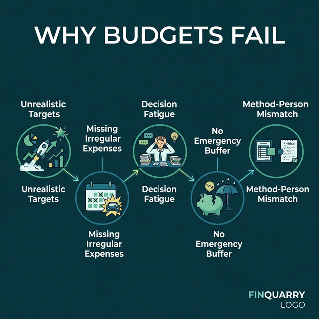 Five common budget failure causes including unrealistic targets and decision fatigue