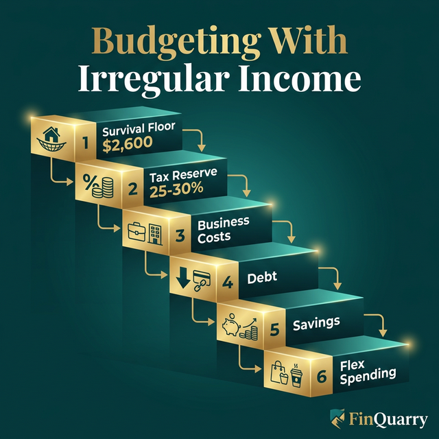 Priority waterfall system for irregular income budgeting with survival floor and tax reserve