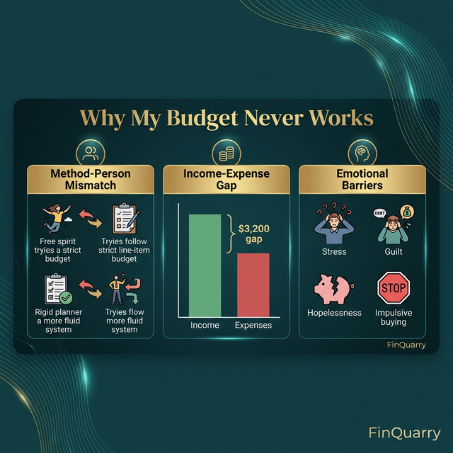 Three root causes of persistent budget failure including method mismatch and emotional barriers