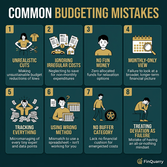 Eight common budgeting mistakes grid including unrealistic cuts and ignoring irregular costs