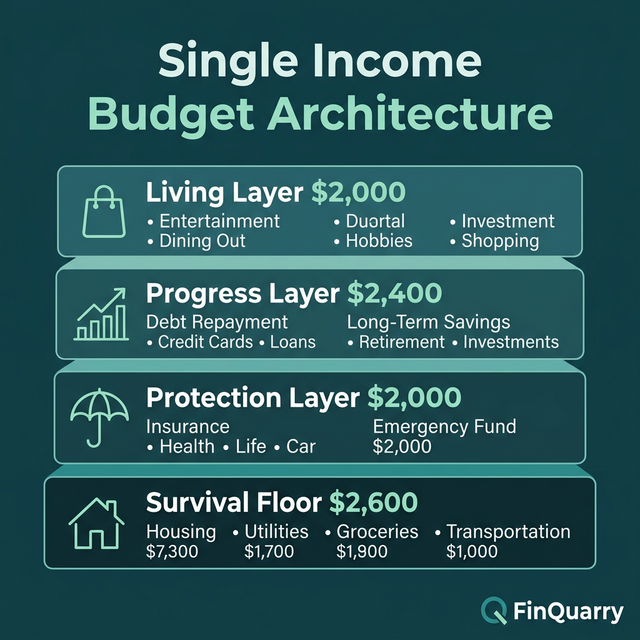 Single income budget four-layer architecture from survival floor to living allocation