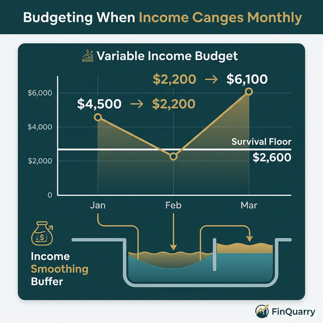 Variable income budget showing income fluctuation line with survival floor baseline