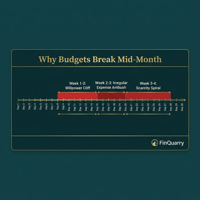 Three budget failure windows across 30-day month including willpower cliff and scarcity spiral