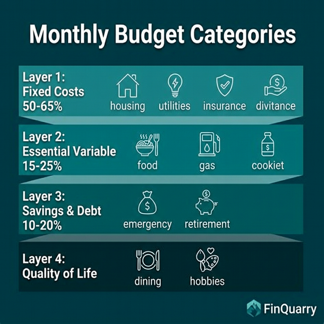 Four-layer budget category system from fixed costs to quality of life spending