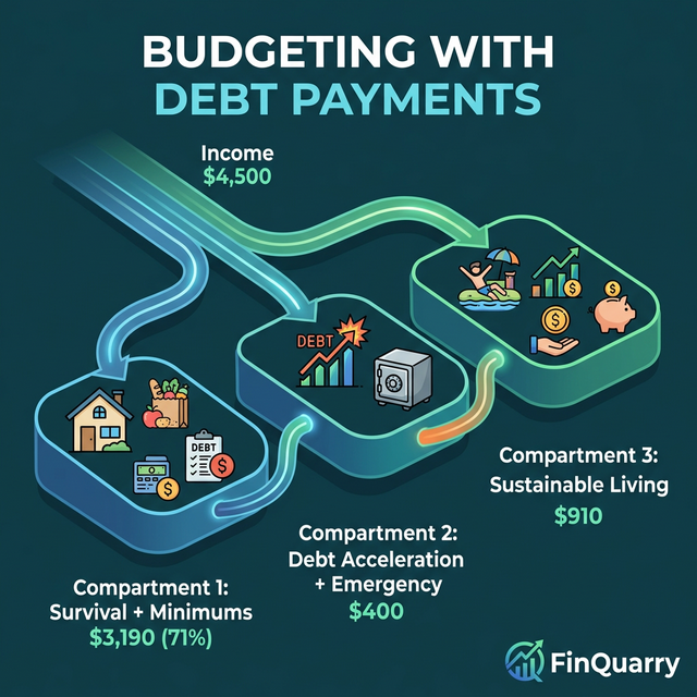 Three-compartment debt budget model showing survival, acceleration, and sustainable living allocations